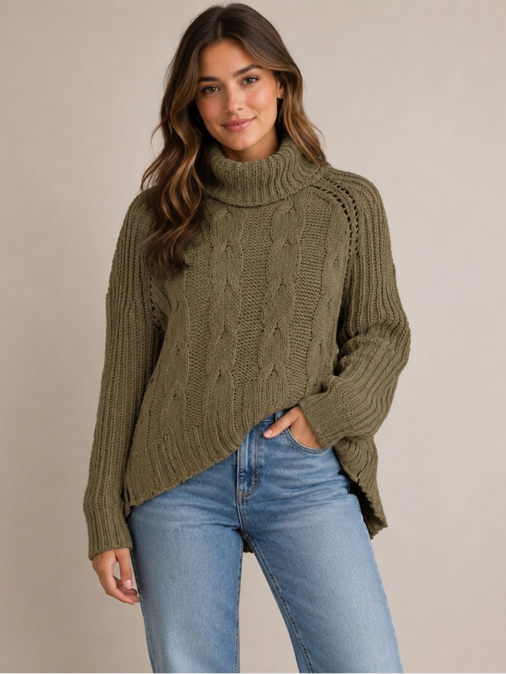 DR2 Daniel Ricciardo Women’s Chunky Cable-Knit, Hi-Low Sweater, Olive Green, L